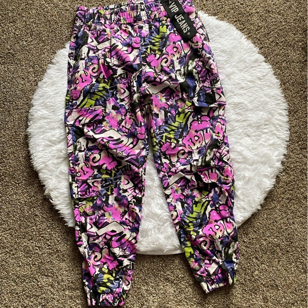 V.I.P Multicolor Jogger Cargo Jeans Graffiti New Womens Size 9 10 Pull On Bright